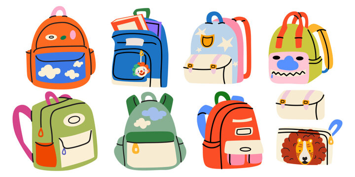 Cute school backpacks collection in trendy cartoon style. Colorful children's bags with various patterns, badges, keychains and plush toys. School accessories vector clipart for print, stickers