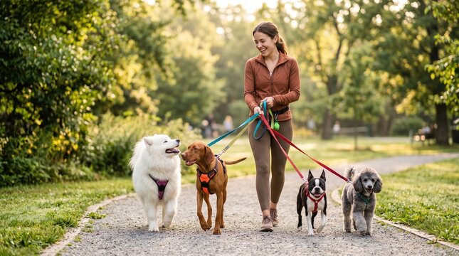 Smiling woman in casual outfit walking four dogs on leashes along a park path; white fluffy dog, brown dog in orange harness, small black white dog, gray dog; sunny trees