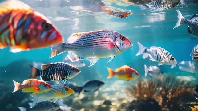 A photo of a group of colorful fish in shallow water
