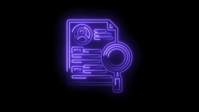 Neon resume search magnifying glass over document profile icon glowing purple abstract background