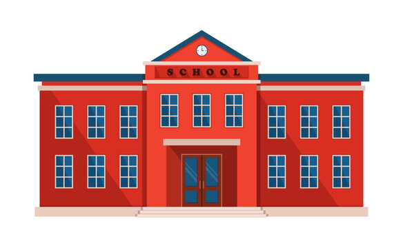 Red School Building Flat Illustration with Blue Roof and Many Windows Classic Design Education