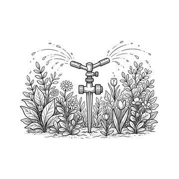 Sprinkler on flower bed for garden