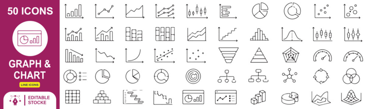 50 Graph & Chart Vector Outline Icons Set &ndash; Analytics, Data Visualization, Statistics, Dashboard and Business Report Line Symbols Collection