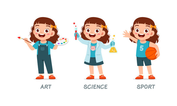 Cheerful Asian girl explores art science and sports painting experimenting playing basketball happily