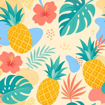 Seamless tropical pattern with pineapple hibiscus flowers and monstera leaves summer background