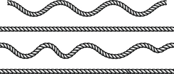 Nautical rope border set with straight and wavy twisted cord lines, black and white marine twine vector elements, 4 decorative rope brushes © Creative Wings