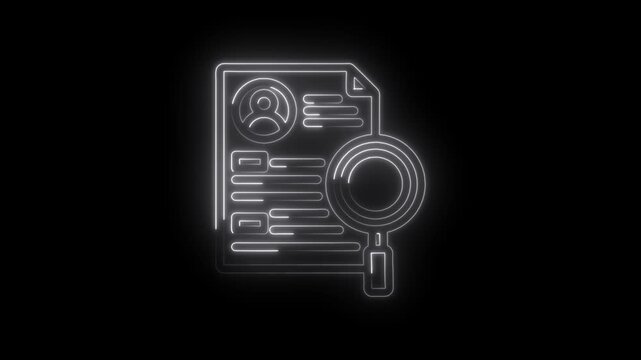 Neon outline of resume document with magnifying glass searching for profile icon and text lines