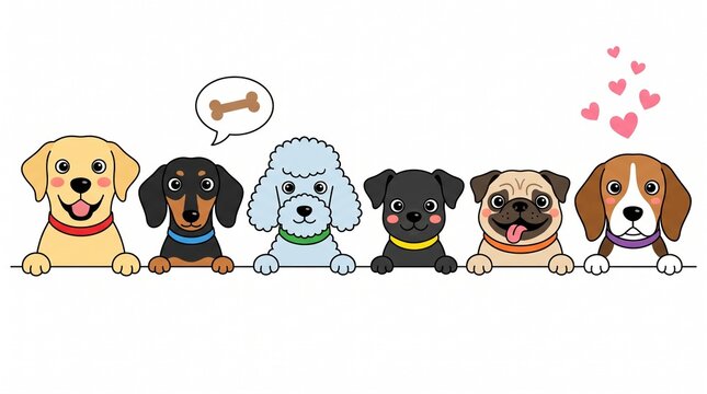 Five cute cartoon dogs peeking over a line: yellow puppy, black dachshund, white poodle, black puppy, pug, and beagle; bone thought bubble and pink hearts