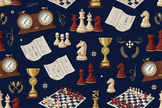 Seamless pattern with chess pieces, wooden clocks, golden trophies, and score sheets on a dark navy blue background, for a strategy, game theme