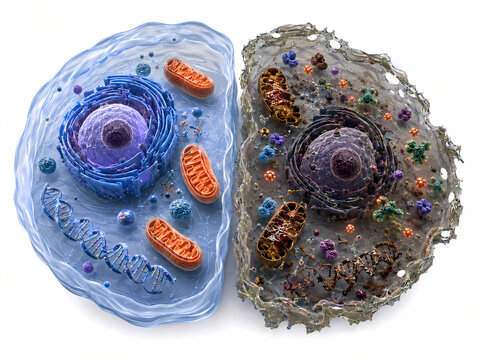 3D cross-section comparison of normal healthy cell and damaged diseased cell with organelles