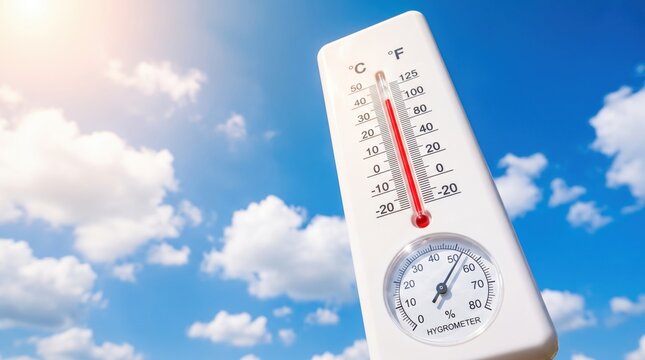 Outdoor thermometer and hygrometer against cloudy blue sky, red mercury near 30&deg;C, dual scale in &deg;C and &deg;F, round dial labeled &ldquo;HYGROMETER&rdquo; and &ldquo;%&rdquo;
