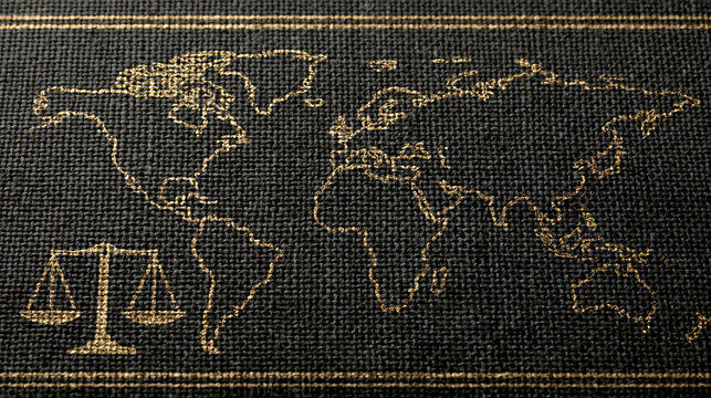 A gold-threaded map of the world and a scale of justice on dark fabric. Symbolizes global legal issues and.