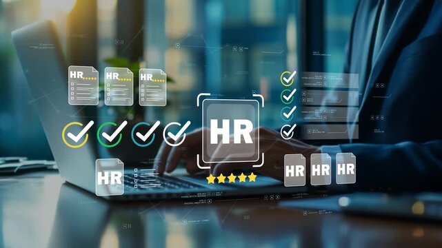 Businessman in modern office reviewing employee records with animated HR icon, digital personnel files, approval checklist, workforce management dashboard and human resources documentation platform