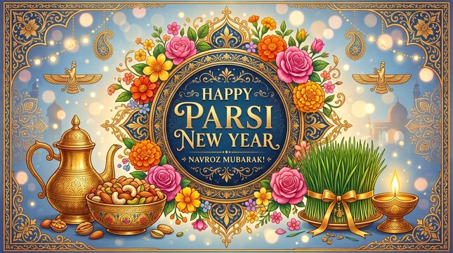 Happy Parsi New Year Navroz Mubarak Vector Background with Golden Mandala, Ornate Floral Frame, and Faravahar Symbol