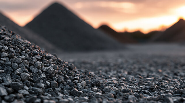 Crushed granite gravel piles at sunset. Industrial construction background for infrastructure development.