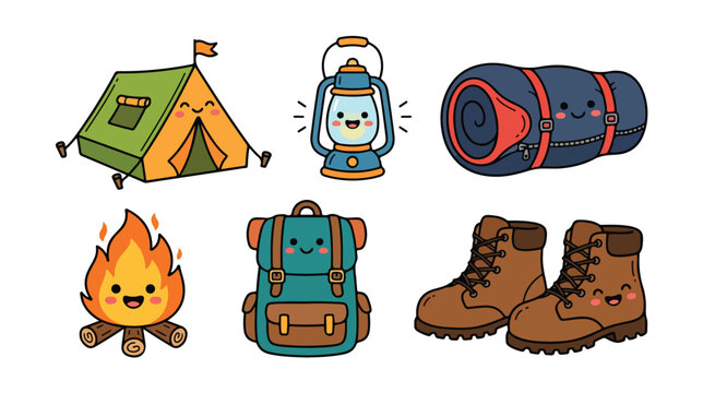 Kawaii camping stickers set, cute outdoor adventure icons with smiling faces, 6 cartoon camping gear elements including tent and campfire vector