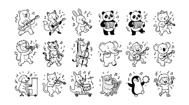 Hand drawn cute animals playing musical instruments vector set, 18 black and white cartoon animal musicians, whimsical nursery band icons for kids
