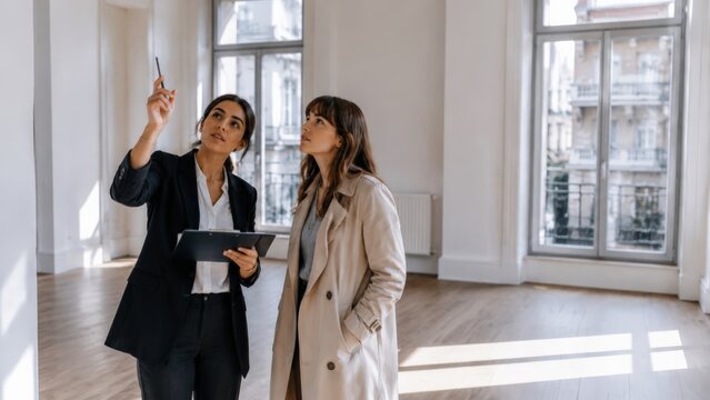 Two women inspect a spacious empty apartment room with exposed brick walls and tall windows, one pointing upward with a pen while holding a clipboard for the tour