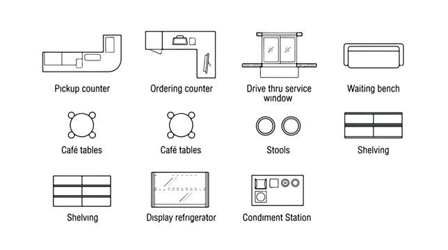 Restaurant floor plan icons set, architectural furniture symbols for cafe layout, 11 professional interior design vector elements for blueprints