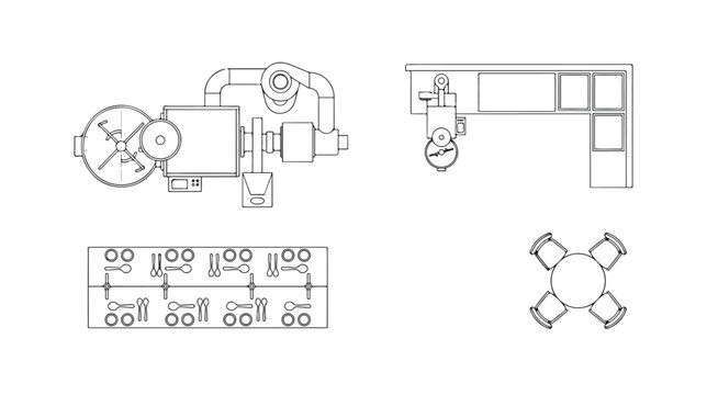 Architectural floor plan symbols, top view furniture and machinery vector set, technical cad drawing elements for office and industrial layout