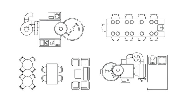 Architectural floor plan symbols, top view furniture and industrial machinery CAD blocks, technical line art vector set for interior design