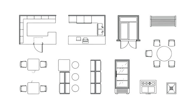 Architectural floor plan symbols for restaurant and cafe interior design, top view furniture vector set, professional kitchen and dining layout elements