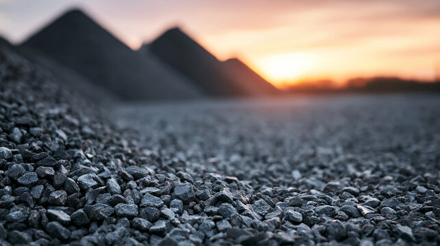Large mounds of crushed gravel in a quarry at sunset. Industrial concept for construction and heavy materials.
