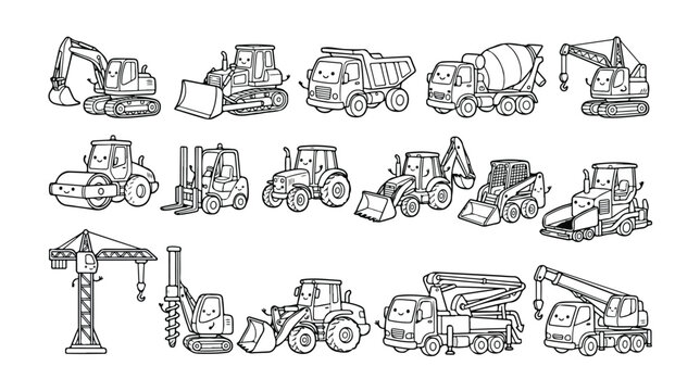 Cute construction vehicle coloring page set, 15 cartoon heavy machinery icons with faces, black and white outline vector illustrations for kids