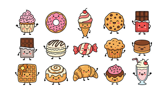 Kawaii sweet food characters set, 15 cute dessert icons with smiling faces, cartoon bakery and confectionery vector illustrations for stickers