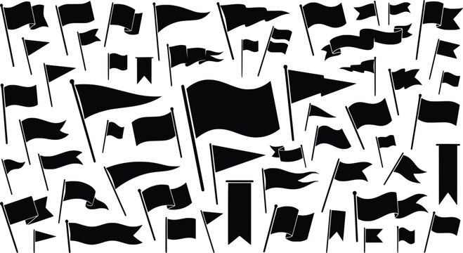 Black flag silhouette collection, diverse pennant and banner shapes, set of 50 vector flag icons for nautical and sports design
