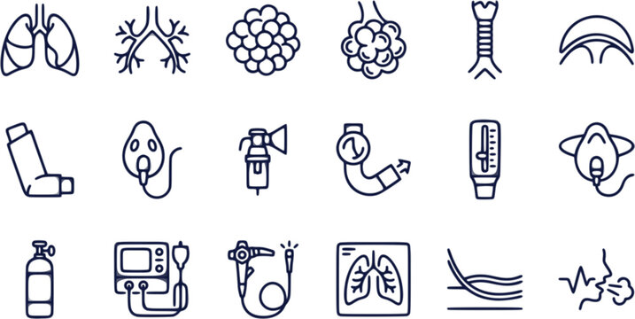 Respiratory system and lung anatomy medical icon set, breathing apparatus and pulmonology line art vector illustrations