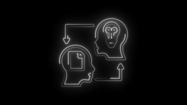 Neon outline of two heads exchanging information a document icon inside one head and a lightbulb