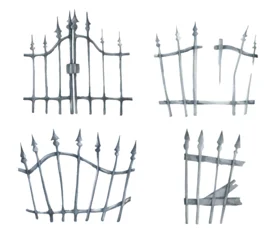 Halloween fence watercolor illustration set, black wrought iron gate with broken silhouette, spooky graveyard entrance, vintage rusty border, scary night festival decoration. © Khaneeros