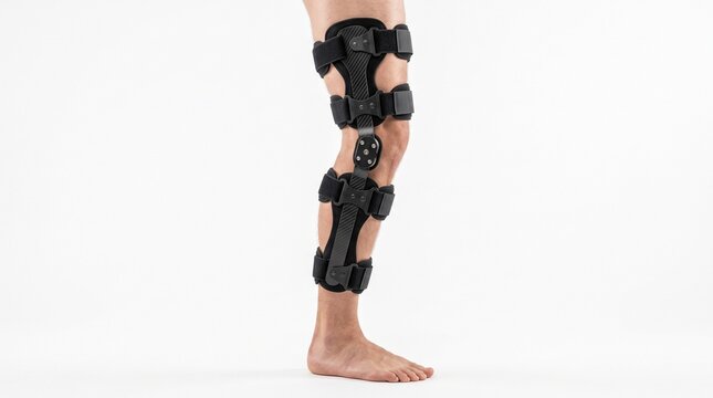 Adjustable carbon fiber knee orthosis worn on leg for medical stability and post-surgery rehabilitation on a white background.