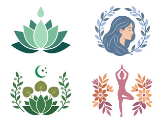 Fototapeta premium Holistic Wellness and Beauty Logo Set with Yoga, Lotus, and Nature Elements