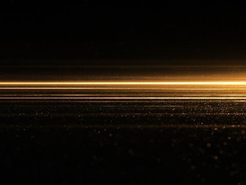Horizontal golden light line a dark reflective surface, bright orange light streak burst with glowing speedline trails 