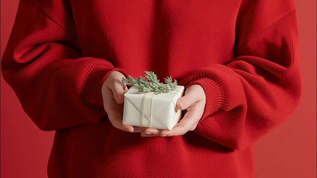 Person's hands holding elegant white gift box with fir branch decoration on red for holiday celebration background