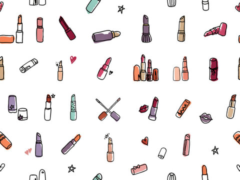  A seamless, hand-drawn vector surface pattern featuring an array of scattered lip makeup products.