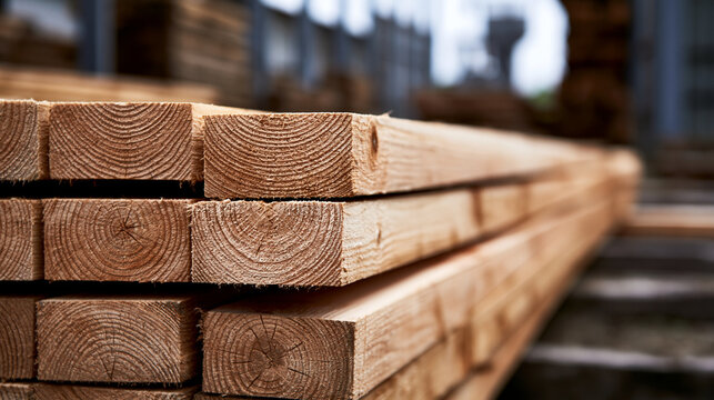 Stacked pine lumber planks viewed closely in a timber yard. Construction materials for industrial building projects.