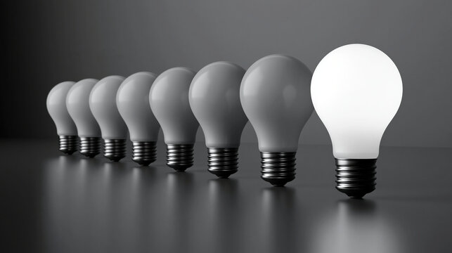 A single glowing light bulb stands out among a row of unlit bulbs. A powerful metaphor for innovation and unique.