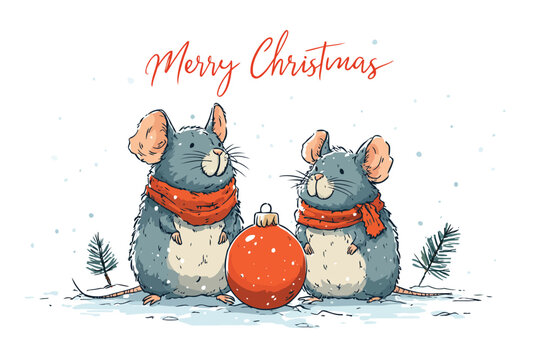 Seasonal Greeting Card Featuring Mice isolated