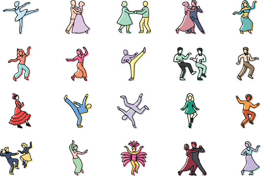 Collection of various international dance genre icons in line art vector