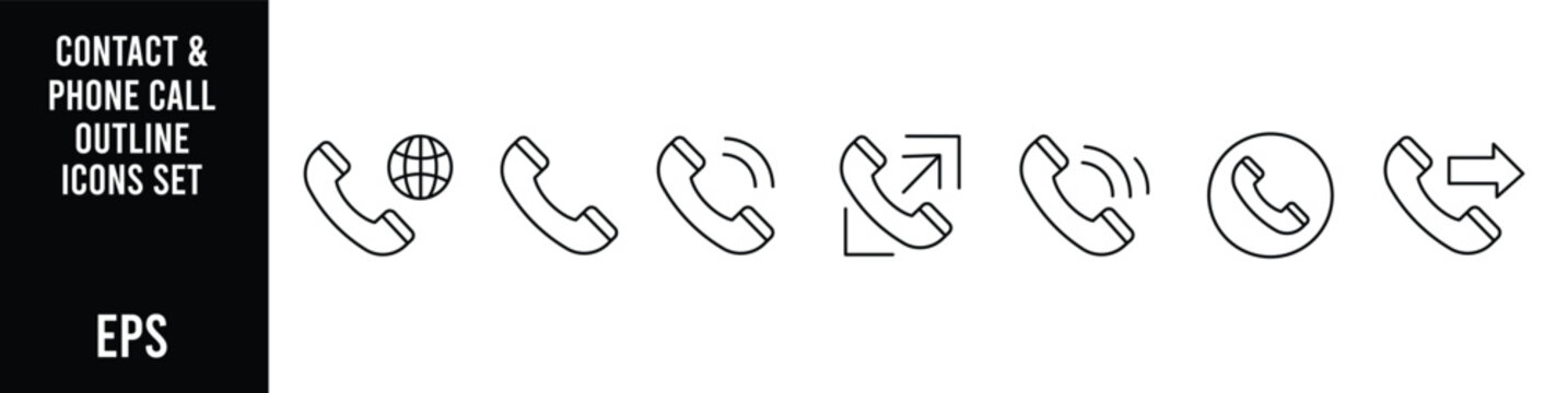 Minimal contact and phone call outline icon set featuring incoming outgoing answered missed callback telephone symbols for mobile applications websites and user interface design