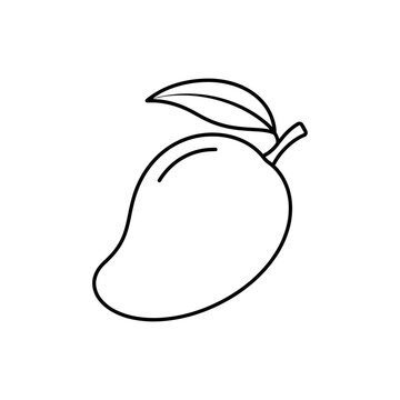 Minimalist black and white line art illustration of a ripe mango with a single leaf. Isolated contour drawing ideal for food icons or coloring.