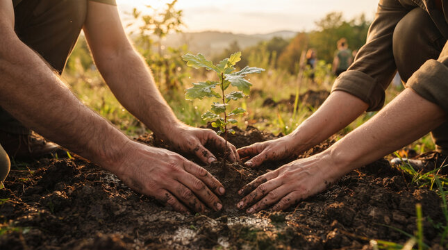 Environmental conservation volunteers planting young tree sapling in soil, close up of hands working in garden, sustainable reforestation project at sunset