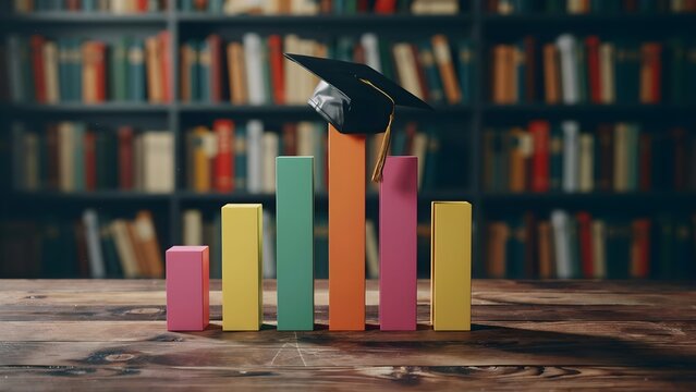 Graduation cap resting on a colorful bar chart representing academic success and educational growth in a library setting
