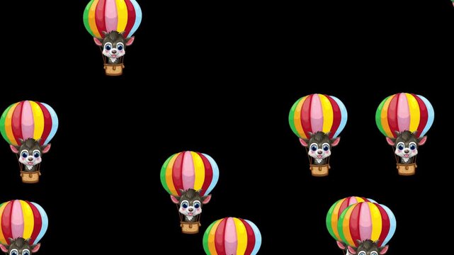 Cartoon Animal Characters Floating in Colorful Hot Air Balloons on Black Background