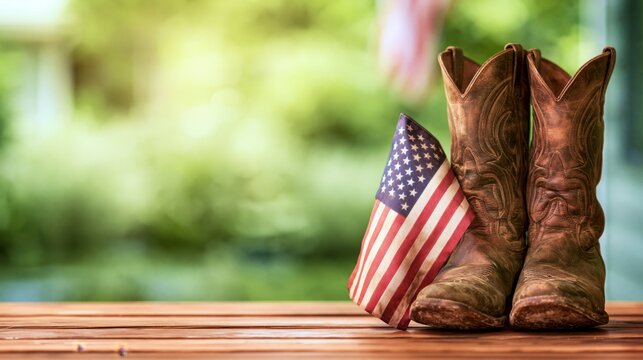 Worn cowboy boots with an American flag on a rustic wooden porch