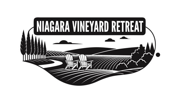 Very beautiful black and white realistic vector illustration of a VINEYARD WITH ADIRONDACK CHAIRS featuring a bold travel label reading "NIAGARA VINEYARD RETREAT", engraved vineyard landscape with cla