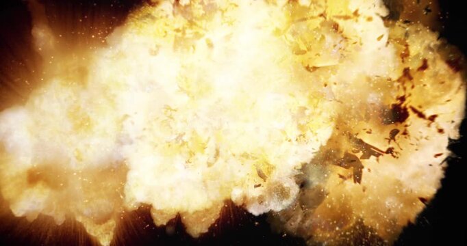 Powerful blast explosion with glowing embers and flying debris. 4K VFX Stock Footage Element.